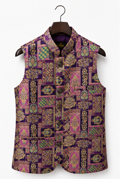 Ornate Purple Brocade Nehru Vest