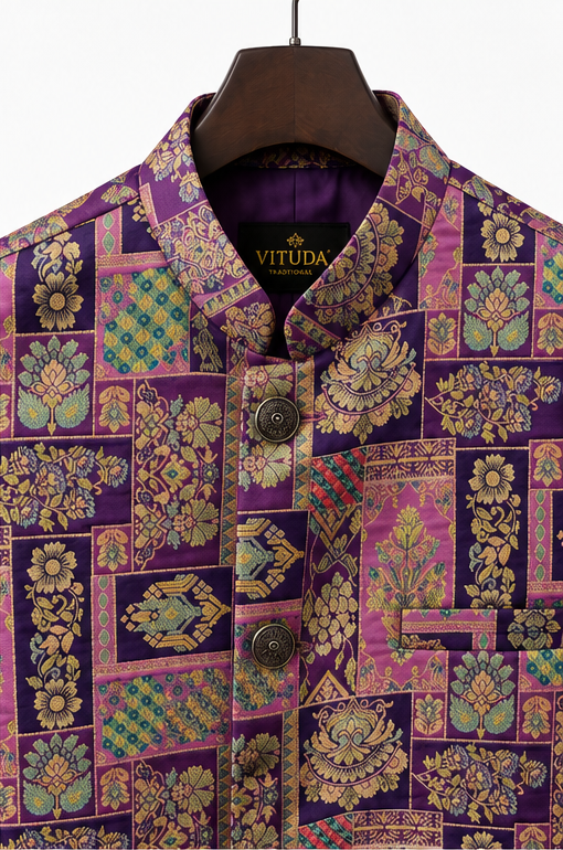 Ornate Purple Brocade Nehru Vest