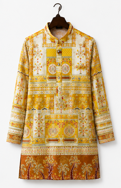 Men's Premium Mustard Ethnic Printed Mandarin Collar Kurta