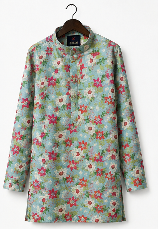 Men's Premium Sky Blue Floral Printed Mandarin Collar Kurta