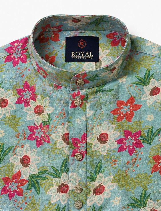 Men's Premium Sky Blue Floral Printed Mandarin Collar Kurta