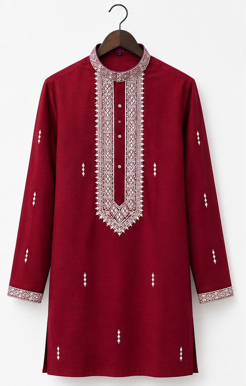 Men's Premium Maroon Embroidered Mandarin Collar Kurta