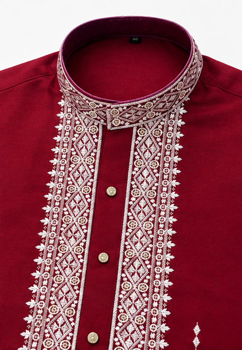 Men's Premium Maroon Embroidered Mandarin Collar Kurta
