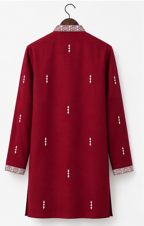 Men's Premium Maroon Embroidered Mandarin Collar Kurta