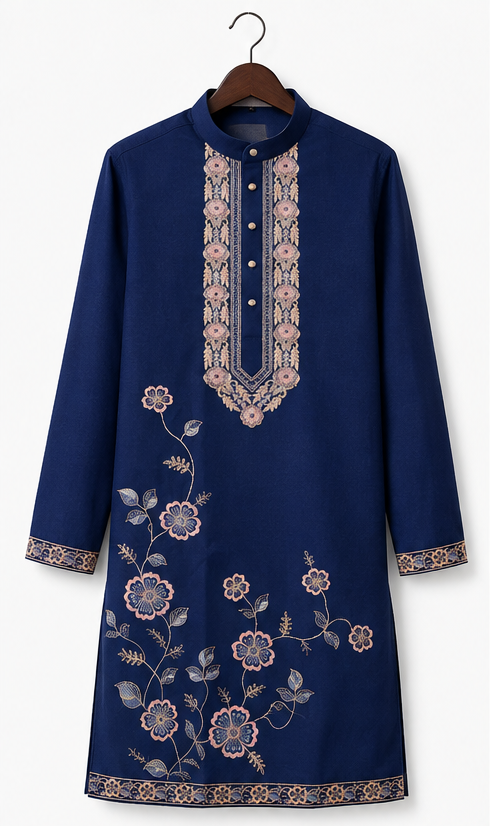 Men's Premium Navy Blue Floral Embroidered Mandarin Collar Kurta