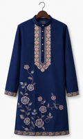 Men's Premium Navy Blue Floral Embroidered Mandarin Collar Kurta