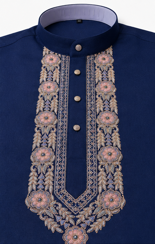 Men's Premium Navy Blue Floral Embroidered Mandarin Collar Kurta