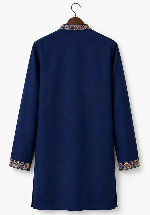 Men's Premium Navy Blue Floral Embroidered Mandarin Collar Kurta