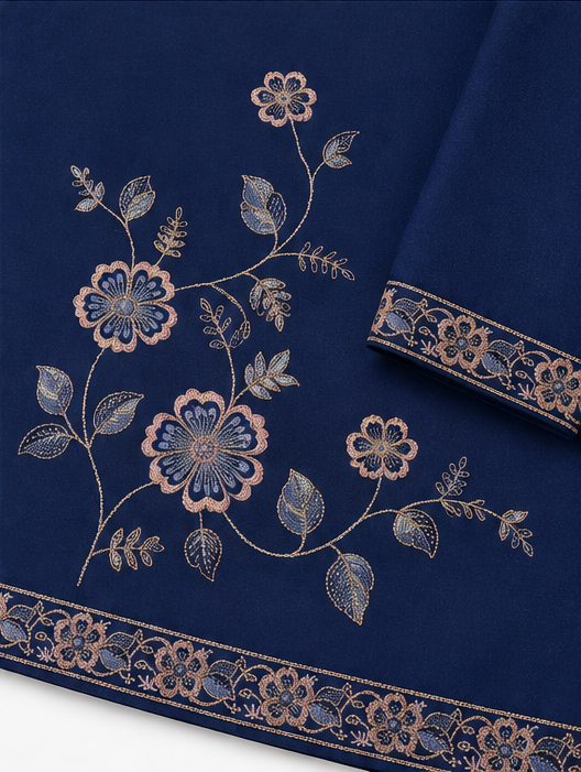 Men's Premium Navy Blue Floral Embroidered Mandarin Collar Kurta