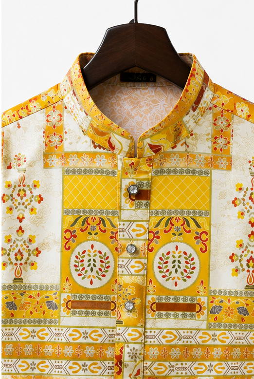 Men's Premium Mustard Ethnic Printed Mandarin Collar Kurta